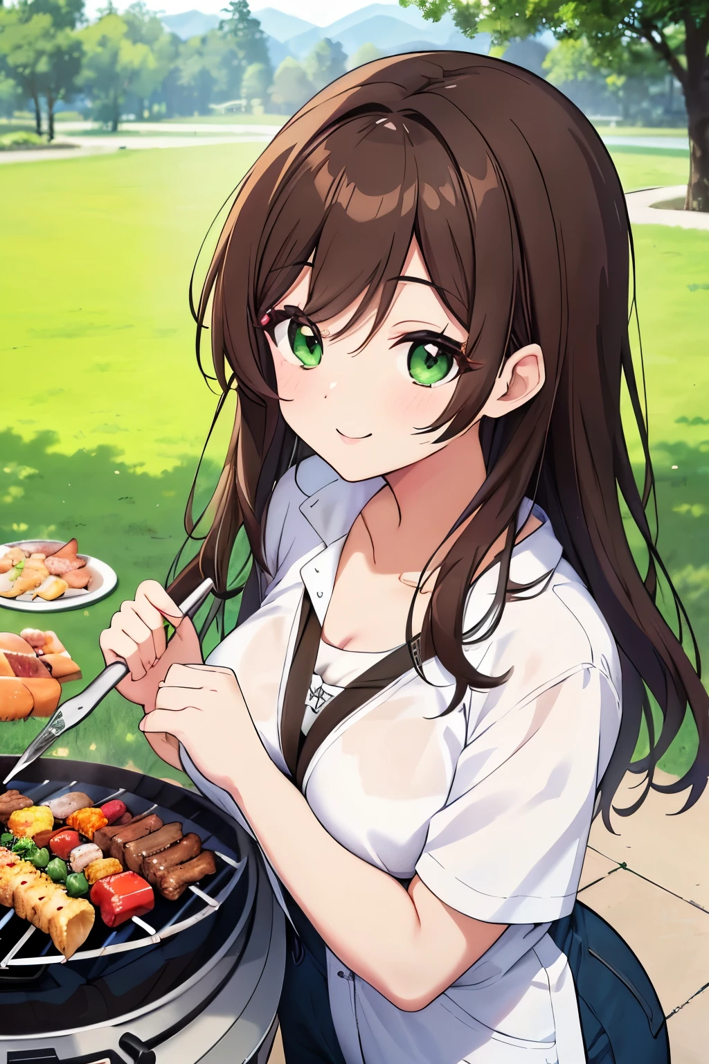 ((masterpiece, Highest quality, High resolution, 超High resolution, Pixel perfect, Written boundary depth, 4K, RTTX 10.0, High resolution))), 1 person, single, alone, Beautiful Anime, Beautiful art style, Anime characters, ((Shortcuts, bangs, Dark brown hair)), ((Green Eyes:1.4, Round eyes, Beautiful eyelashes, current eyes)), ((Smooth texture:0.75, Anime CG style)), ((Dynamic Angle, close)), Perfect body, (cute), Normal chest, whole body, ((4K, 8k, Highest quality, Perfect Fingers: 1.3, Perfect Anatomy: 1.3, Background Blur)), whole bodyアングル, Illustration of a person having a BBQ, Characters wearing casual summer clothes、Standing in front of an outdoor BBQ grill, She holds tongs in her hand、Smiling happily as he grills meat, In the background, there is a lush park and a river.、Picnic sheets and food are laid out