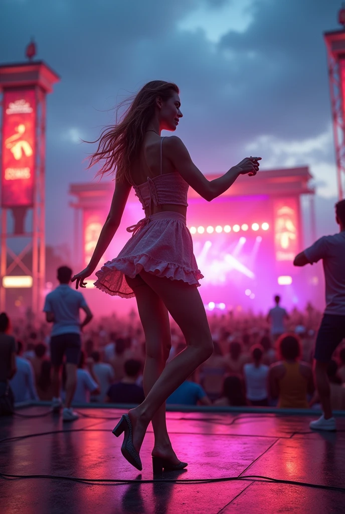 young sexy woman dancing in front of a stage at an outdoor concert
