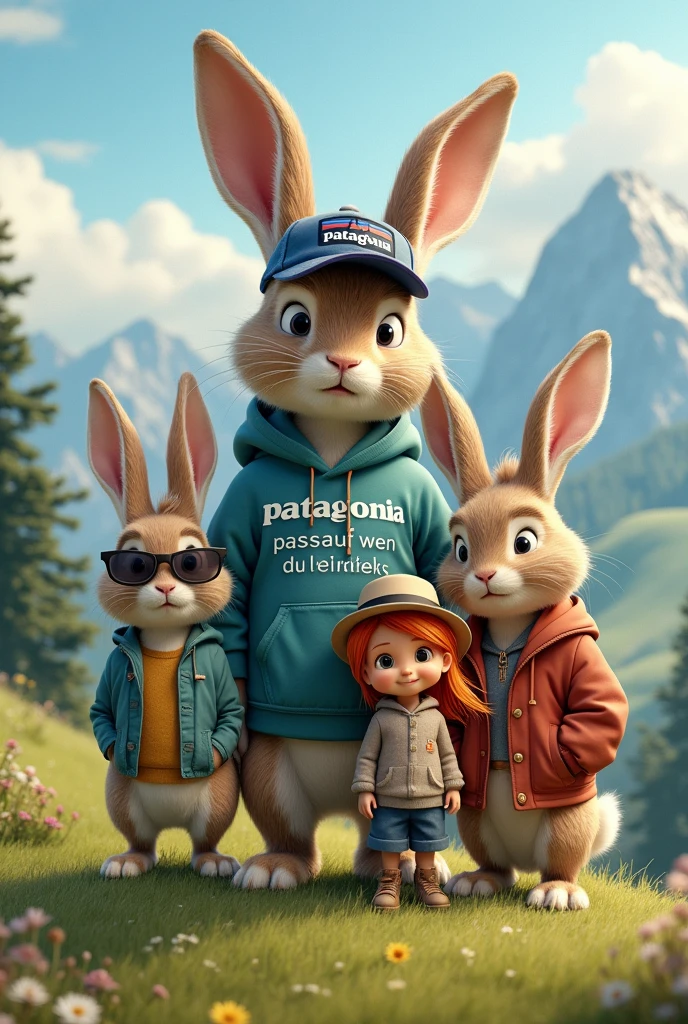 four rabbits on a mountain, two Boys and two Girls. the FIRST and largest rabbit is male and wears a cap from Patagonia. The SECOND rabbit is male and wears a hoodie with "Pass auf wen du liebs" on it. The THIRD rabbit is female with sunglasses and long blonde hair. The FOURTH rabbit is female and wears a hat and is a redhead.