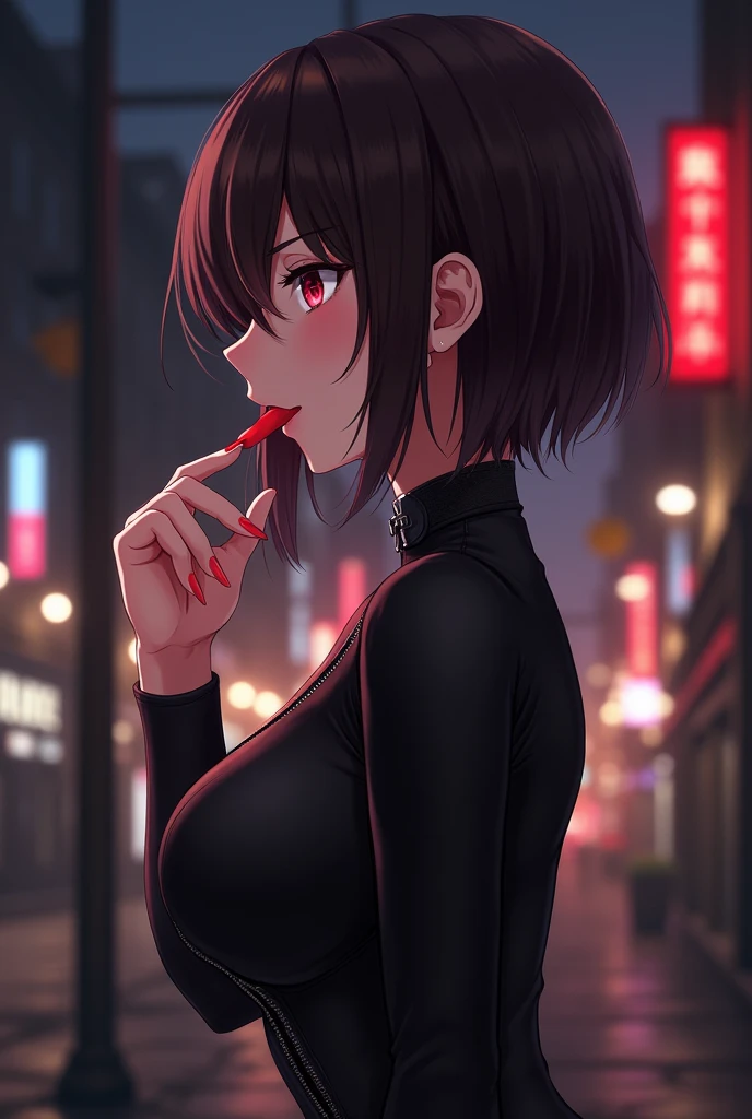 profile, throw, Perfect hands, (Huge breasts:1.5), (From above:0.5), Inner Flesh, Cowboy Shot, Downtown at night, ((temptation by hand)), (1hand in front of moutsideh), (Detailed red eyes), close your eyes, Lightly open your hands, , fingers with shading, Five fingers, (palm:0.5), choker, (black bodysuit with full tight zipper:1.1), Agnes-Tachyon \(umamusume\), Deep short brown hair, (blush:1.0), Captivating smile, ((sticking tongue outside:1.3)), (very very very very long tongue), ((open moutsideh widely)), (Voice of the Heart), (View your viewers:1.4), Blowjob gestures, tongue_outside, Fellatio gestures, Open_Moutsideh