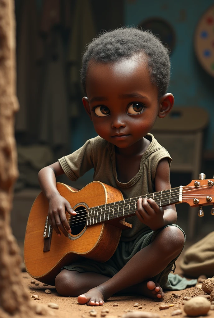 Poor African kid playing guitar with duty clothes 