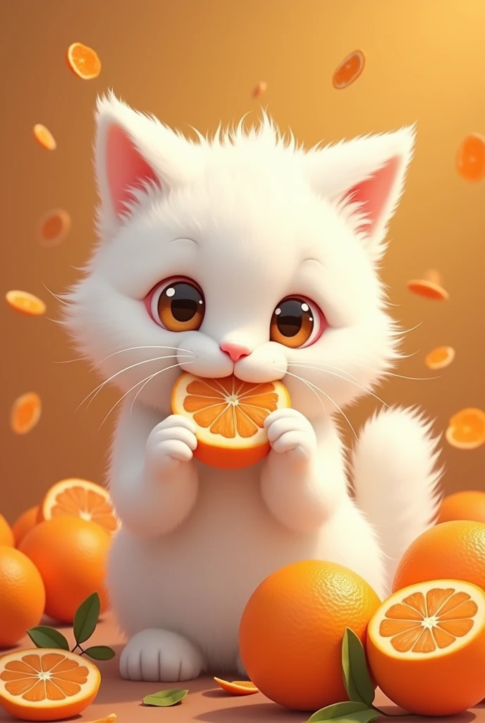 White fluffy cat in tangerines, who eats tangerines, with the inscription Murza