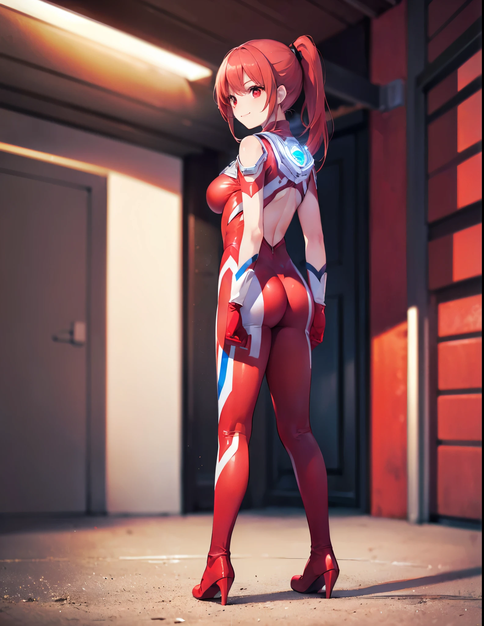 (Close-up:1.3),Realistic,Highest quality, Ultra Detail, High-quality CG rendering, The most delicate and beautiful, Floating softly, High resolution, (1 female), (Highest quality,4K,8k,masterpiece:1.2),(All red hair:1.5), (ponytail:1.5),(Red eyes:1.5), (Ultra Girl:1.0), (All red Ultraman bodysuit:1.5),(Do not expose your skin:1.5),(Slightly larger breasts:1.5),(Red gloves:1.3),(Red Shoes:1.3),(whole body:1.3),(smile:1.3),Small room,(Are standing:1.4),(Turn your back to your audience:1.4),Butt