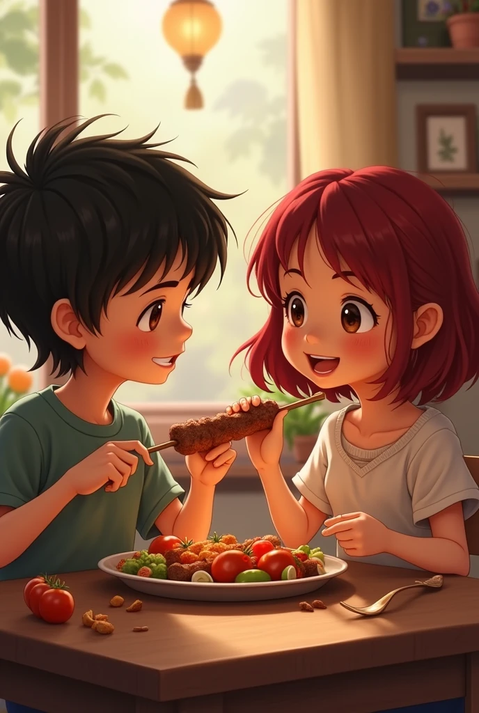 boy with black hair medium lenght and girl with dark red hair eating a kebab at the table