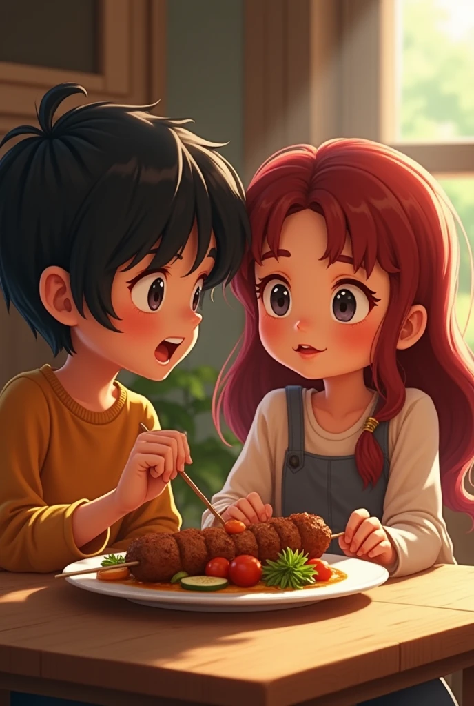 boy with black hair medium lenght and girl with dark red hair eating a kebab at the table