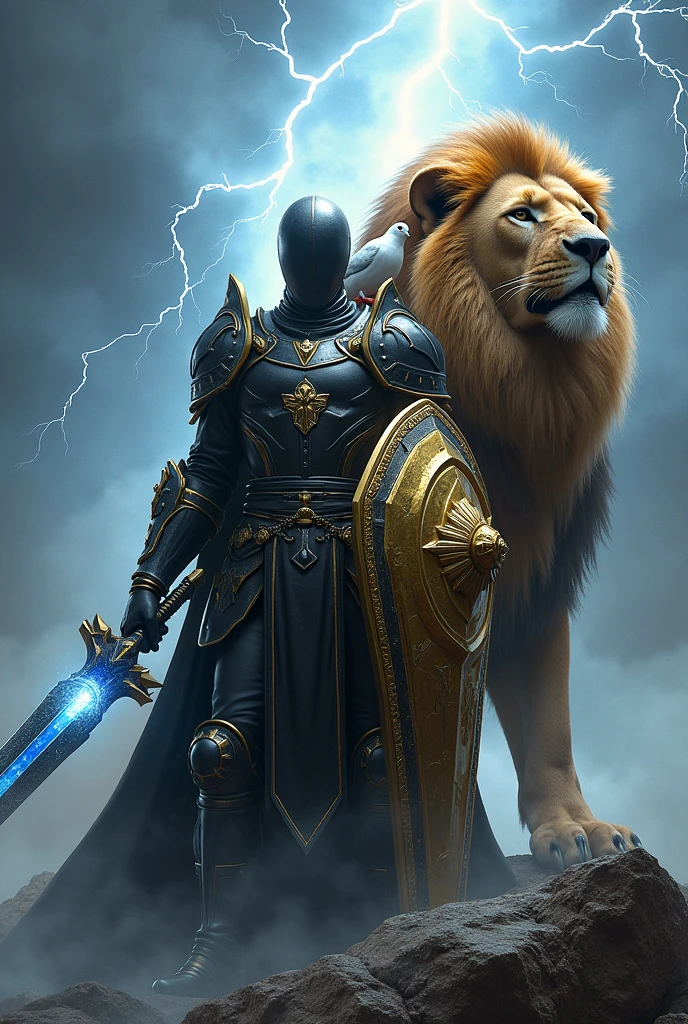 A soldier wearing an armor with a black color and golden edge, solider with no face kneeling down only on the right leg,blue sword on his right hand, A golden shield on the left hand, a giant mighty lion standing behind the soldier , a lightning all over the place,a dove on the shoulder of the soldier
