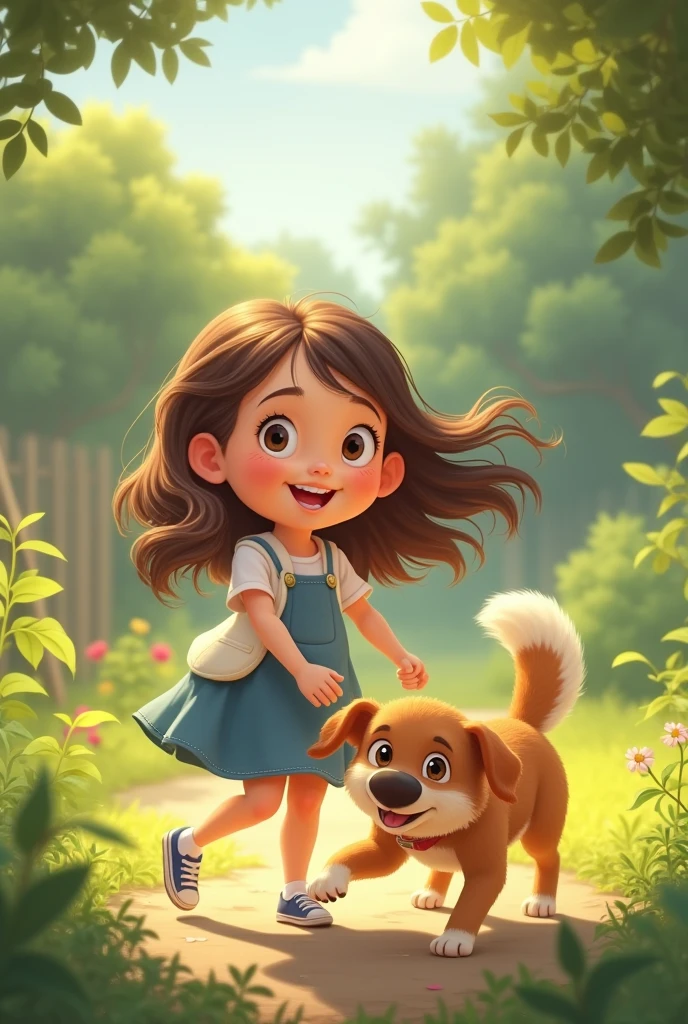Girl plays with the dog