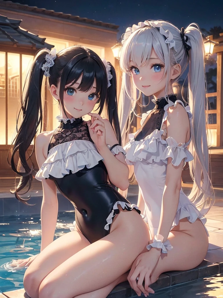 ((masterpiece)), ((highest quality、Ultra high definition)), (Very detailed),(8k、Photo quality)、((Amazingly cute girl)),-yeld gi), Two people, , (Beautiful emerald blue eyes), ((smile、Small breasts)),In the open-air bath overlooking the sea, Beautifully arranged black hair in twin tails、Slim Body、(((Cute swimsuit with lace and frills)))、Professional Lighting、(White lace knee-highore detailed and beautiful)、(More details and cutenesore realistic)、((Just wear light clothing))、Frolic in the pool、((unbelievably cute))、((A cute pose))、((Night view))、(Have a drink to stay hydrated)、