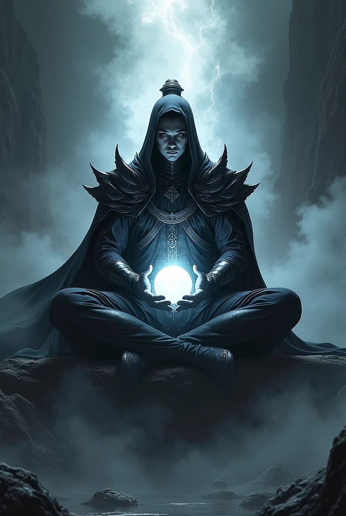 Am evil character in an anime character sitting in a Chinese cultivating posture with a white globe of light in between his hands with his surrounding dark and gloomy with smoke
Make him wear a black armor
Make him floating 
