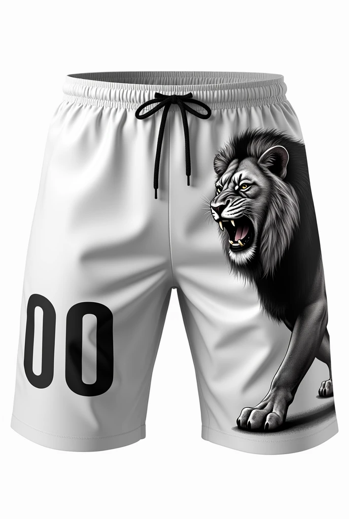 Shorts Design (Front Only): Color: Predominantly white (at least 60% of the surface). Design Elements: Right Side: Include a bold "00" number on the right side of the shorts. The number should be in a sporty, eye-catching font that stands out against the white background. Lion Design: On the left side of the shorts, create a detailed lion head facing towards the "00". The lion should be fully sideways, roaring, and in pure black. The design should be powerful and dynamic, with attention to detail in the mane, facial features, and expression. Space for Logo: Leave space near the waistband or above the lion for a logo. The area should be clear and unobstructed, ensuring that a logo can be easily added without disrupting the overall design. Overall Layout: The design should be balanced, with the "00" number and lion creating a cohesive and striking appearance. The space for the logo should be placed thoughtfully, complementing the other design elements while maintaining a clean and organized look. make a plain white back of this shorts