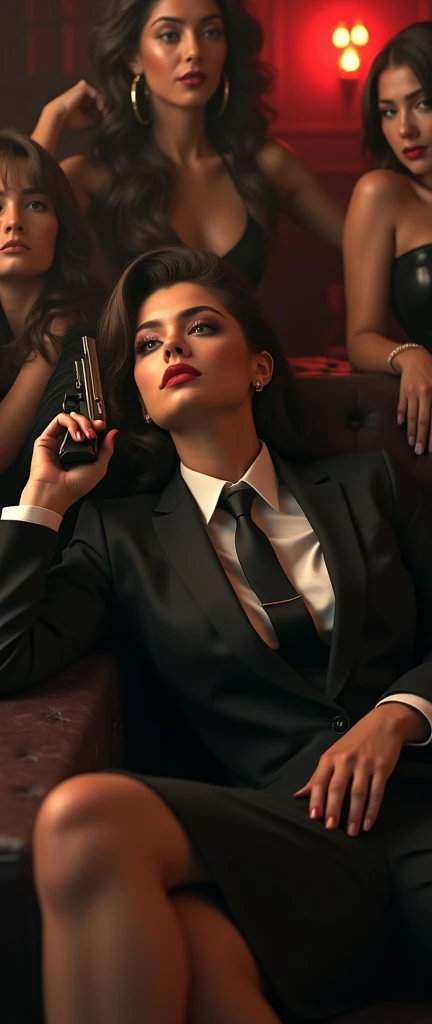 a stylish woman in a suit and tie reclining with gun while laying flat, with multiple girls laying around her their legs visible in the frame, sultry grin, lip bite, fashion,elegant,glamorous posture (best quality,4k,8k,highres,masterpiece:1.2),ultra-detailed,(realistic,photorealistic,photo-realistic:1.37),HDR,UHD,studio lighting,ultra-fine painting,sharp focus,physically-based rendering,extreme detail description,professional,vivid colors,bokeh,portrait,high fashion,elegant,glamorous,cinematic,dramatic lighting,moody,mysterious,sensual,sophisticated chic ensemble
