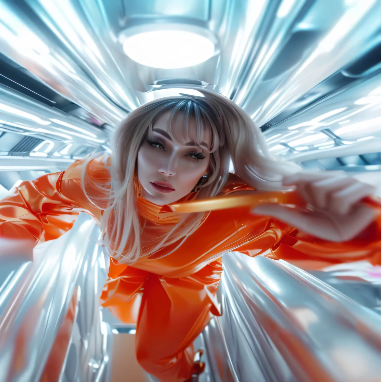 visual: A metallic futuristic tunnel moving at the speed of light、A woman is floating in the air in an orange jumpsuit。
Camera Motion: The camera slowly moves closer to the woman.、Follow the motion of presenting french fries to the camera。Dynamic and futuristic scenes。
