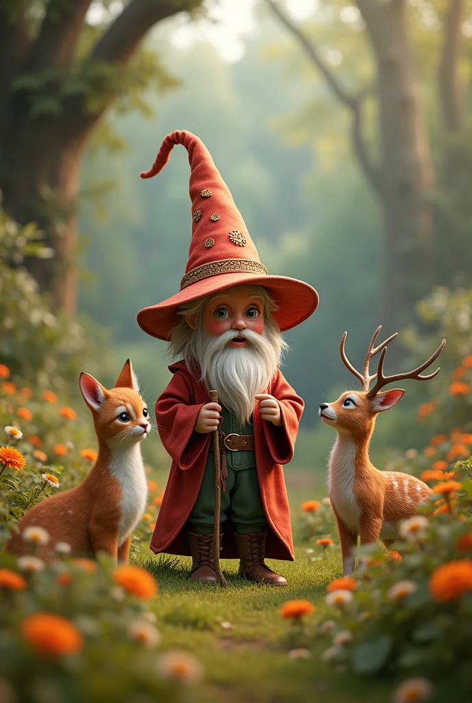 The best cell phone wallpaper, Award-Winning Wallpaper, portrait photography, In the front there is a young wizard wearing a cute mushroom head hat holding a staff and playing with his cute pet a cat and a deer