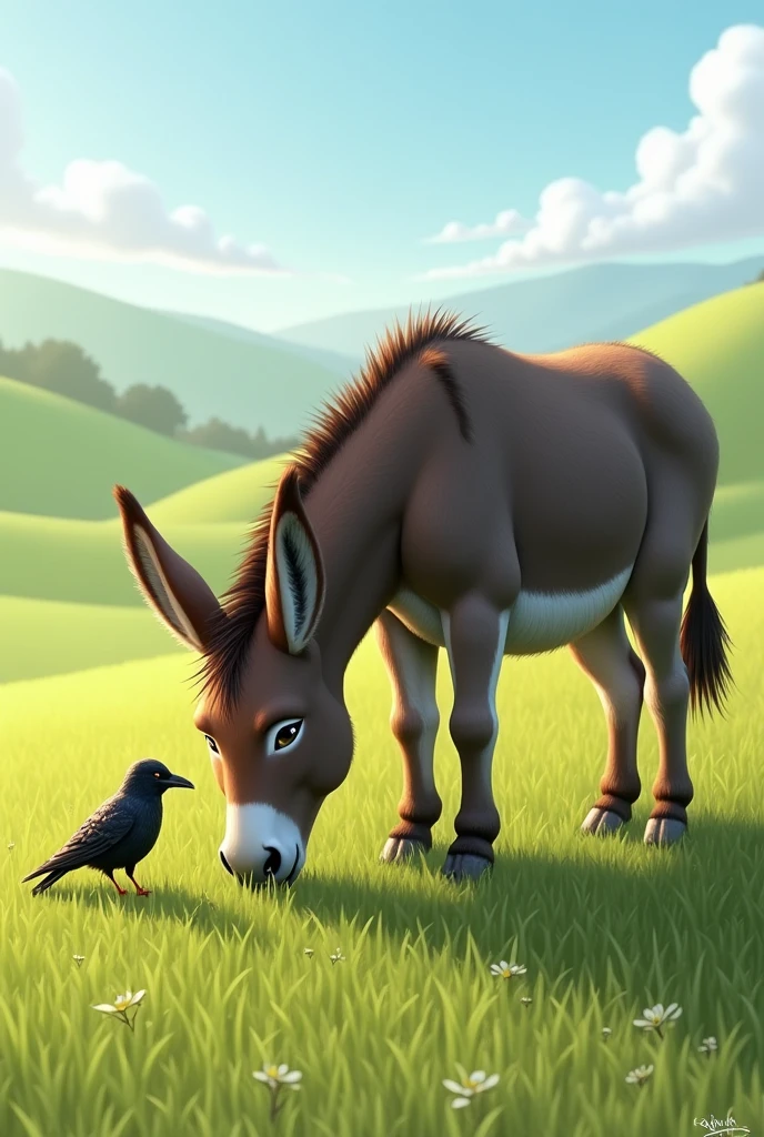 Donkey eat grass with crow