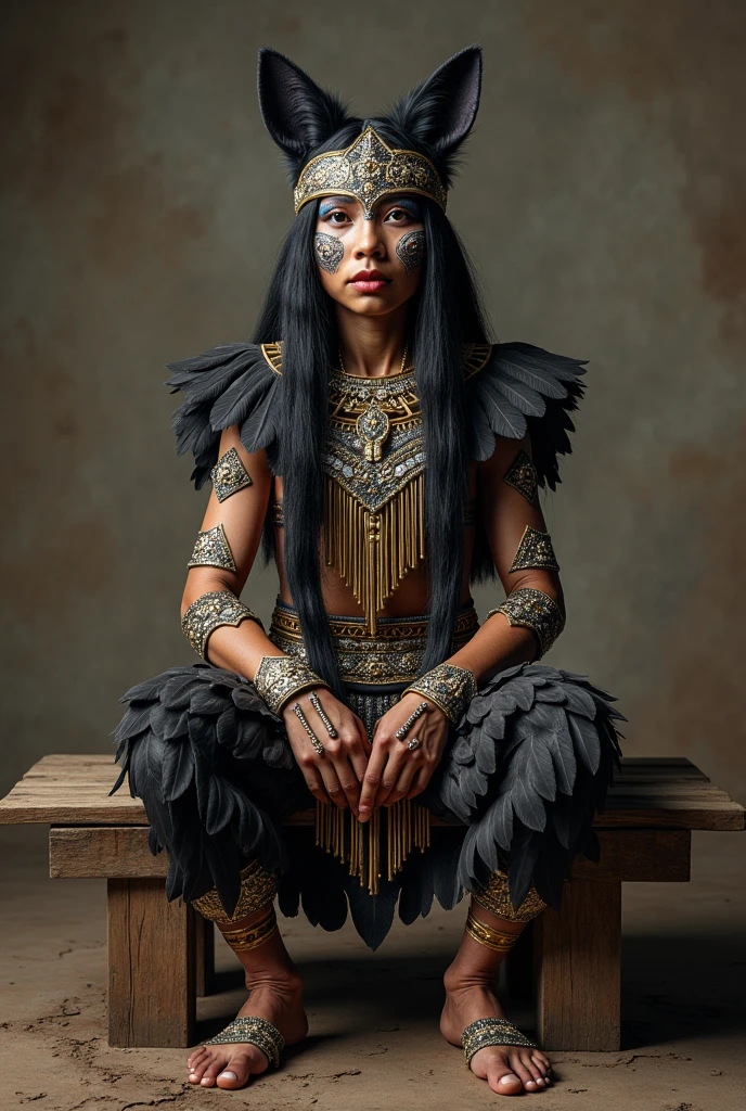 (photorealism bench cheering costume. Theme: Black wolves tribe
Base color: black
Other color: gold and silver
Something more in traditional tribe and something that can be dIY
Just a person
SIMPLE
More like a indigenous people