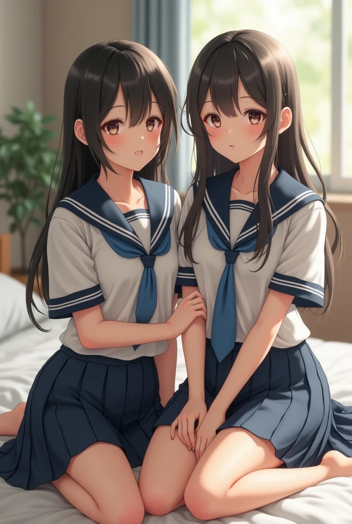 realistic photo, 16 year old japanese girls, on bed with school outfit, detailed face and body, natural lighting, high resolution, photorealistic, (best quality,8k,highres,masterpiece:1.2),ultra-detailed,(realistic,photorealistic,photo-realistic:1.37),realistic skin texture,detailed eyes and lips,beautiful detailed face,long eyelashes,smooth skin,natural body shape