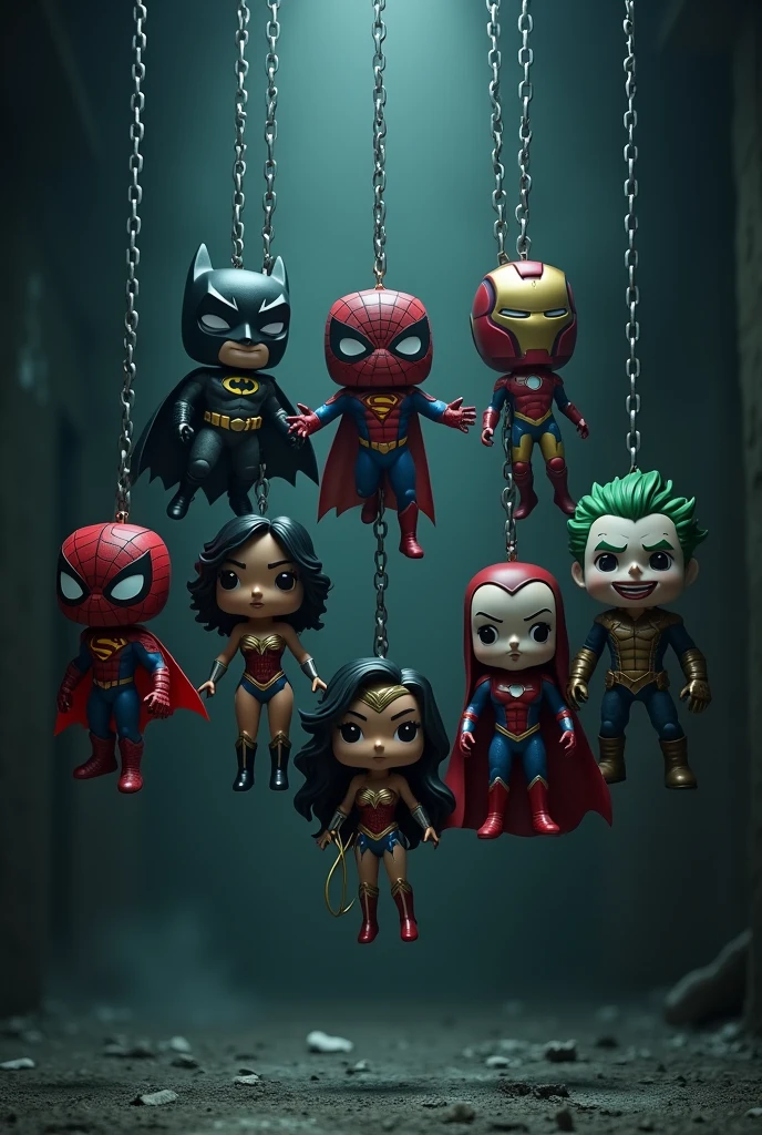 in a dark and desolate environment, Seven iconic comic book characters, turned into Funko dolls, They hang from thick chains that hang from above. Each chain holds a character: Batman with his flowing cape, Superman in his classic suit, Spider-Man in an acrobatic pose, Wonder Woman with her golden lasso, Iron Man in his glowing armor, The Joker with his sinister smile, and Deadpool with his irreverent attitude. The chains, illuminated by a faint glow, add an atmosphere of tension and mystery, while the dolls seem to come to life in the darkness, creating a disturbing and surreal scene