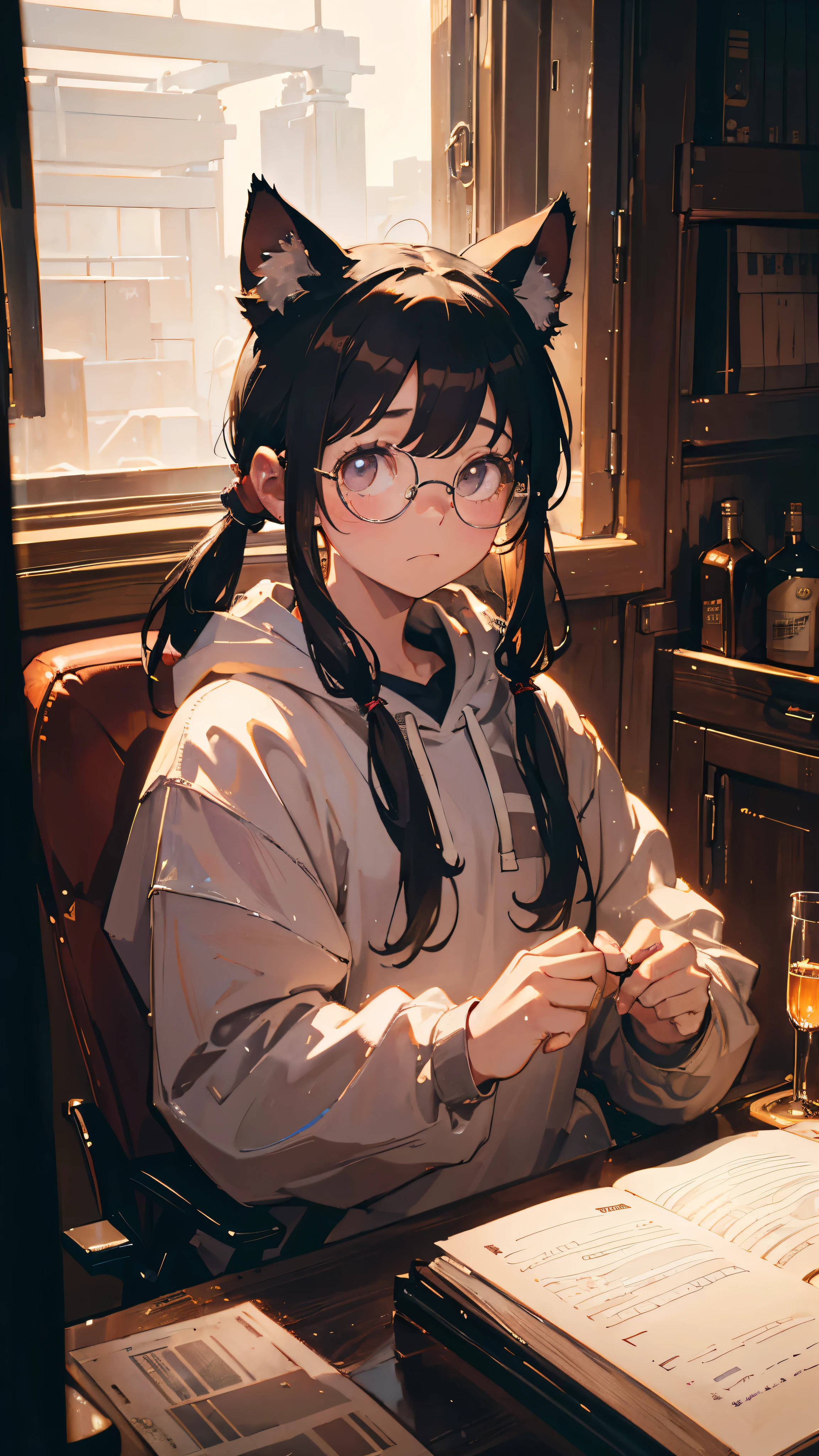 Pigtails、Round Glasses、Embarrassed face、Oversized hoodie, Cat ear, Surrealism, chiaroscuro, cinematic lighting, UHD, high details, best quality, highres, 16k