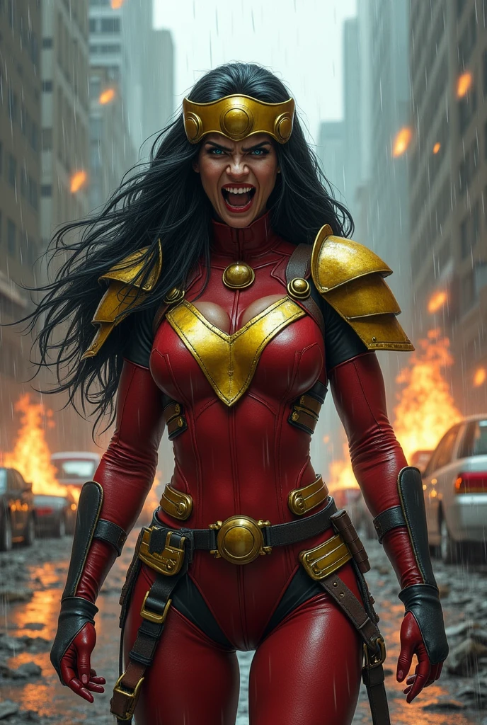 A beautiful woman under the cloak of the warrior Big Barda has long hair, black and almost always hidden by his samurai helmet. His eyes are light blue. Her superheroine costume is samurai themed.. Her costume usually includes a red jumpsuit combined with yellow and a gold armor top over her jumpsuit on her knees screaming exhausted after an extensive battle blood around her in an apocalyptic and rainy city cars and buildings on fire
