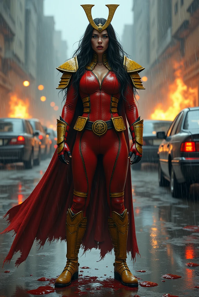 A beautiful woman under the cloak of the warrior Big Barda has long hair, black and almost always hidden by his samurai helmet. His eyes are light blue. Her superheroine costume is samurai themed.. Her costume usually includes a red jumpsuit combined with yellow and a gold armor top over her jumpsuit on her knees screaming exhausted after an extensive battle blood around her in an apocalyptic and rainy city cars and buildings on fire
