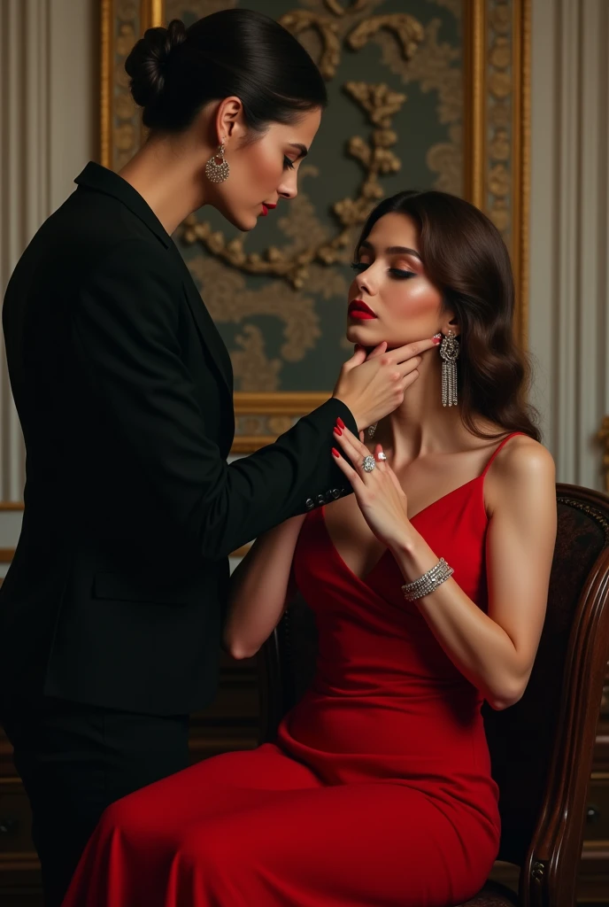 Billionaire boss in black suit with her innocent beautiful secretary in red gown. The secretary is sitting on her boss's lap and the boss grabbing her chin.