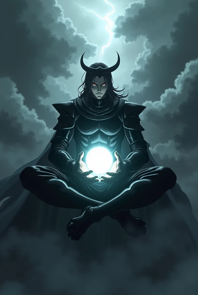Am evil character in an anime character sitting in a Chinese cultivating posture with a white globe of light in between his hands with his surrounding dark and gloomy with smoke
Make him wear a black armor
Let him be floating in the sky