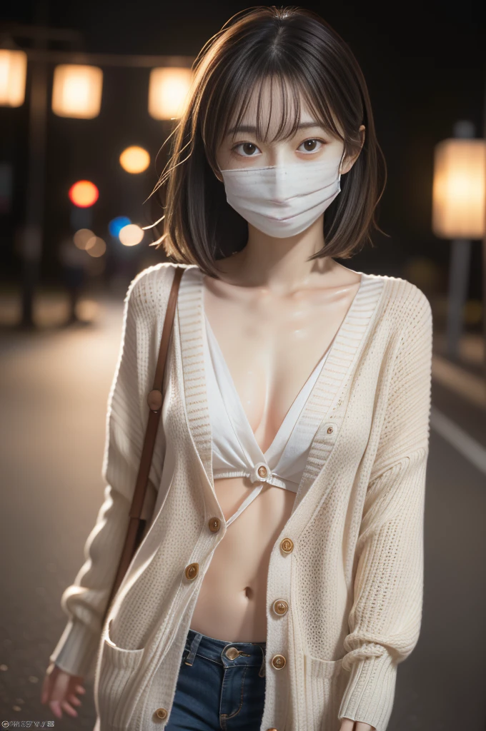 High resolution, RAW Photos, Realistic, Very delicate and beautiful, Very detailed, In detail, 非常に精細なCG Unity 8k壁紙, Very detailed, (Highest quality, 8k, 32K, masterpiece, 超High resolution:1.2), Photo of a cute Japanese model in her 20s walking downtown at night, Beautiful and elaborate face, Beautiful and clear eyes, Delicate figures, Medium Hair, Slender body, Small breasts, (Upper Body:1.3), (cardigan, Non-woven mask for face:1.15)