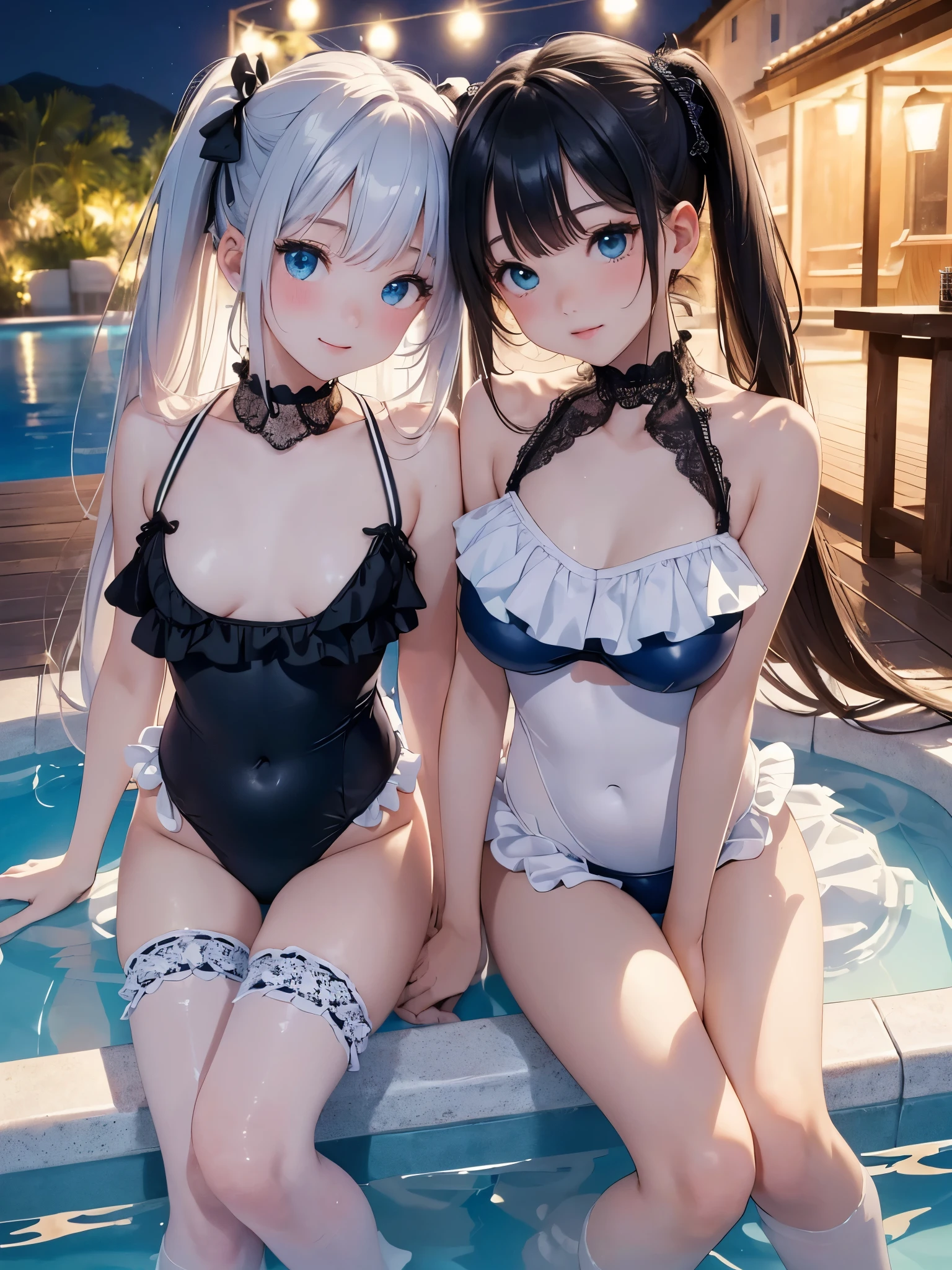 ((masterpiece)), ((highest quality、Ultra high definition)), (Very detailed),(8k、Photo quality)、((Amazingly cute girl)),16-year-old girl)), Two people, , (Beautiful emerald blue eyes), ((smile、Small breasts)),In the open-air bath overlooking the sea, Beautifully arranged black hair in twin tails、Slim Body、(((Cute swimsuit with lace and frills)))、Professional Lighting、(White lace knee-highore detailed and beautiful)、(More details and cutenesore realistic)、((Just wear light clothing))、Frolic in the pool、((unbelievably cute))、((A cute pose))、((Night view))、(Have a drink to stay hydrated)、