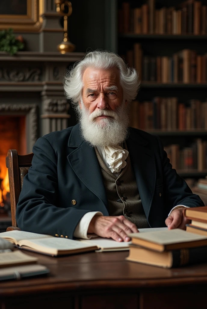 The same gentleman but another day, further away, an old professor with white hair, 7, with a reassuring beard - year 1800 in front of an open fire , . assis à son bureaux vieux salon Ancien Homme de 75 ans sage . serious . érudit de science plan large