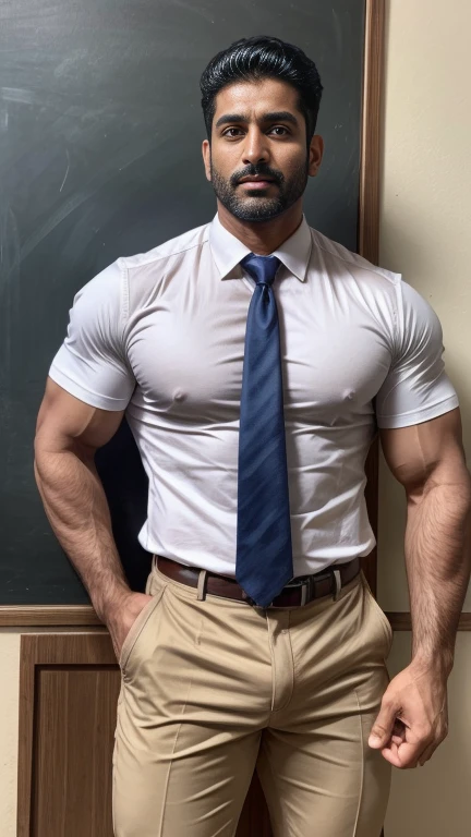 40 years old Handsome muscular AARAV GURJAR 1 in school uniform, holding by hand huge bulge