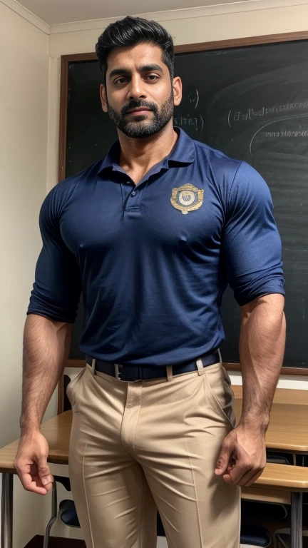 40 years old Handsome muscular AARAV GURJAR 1 in school uniform, holding by hand huge bulge