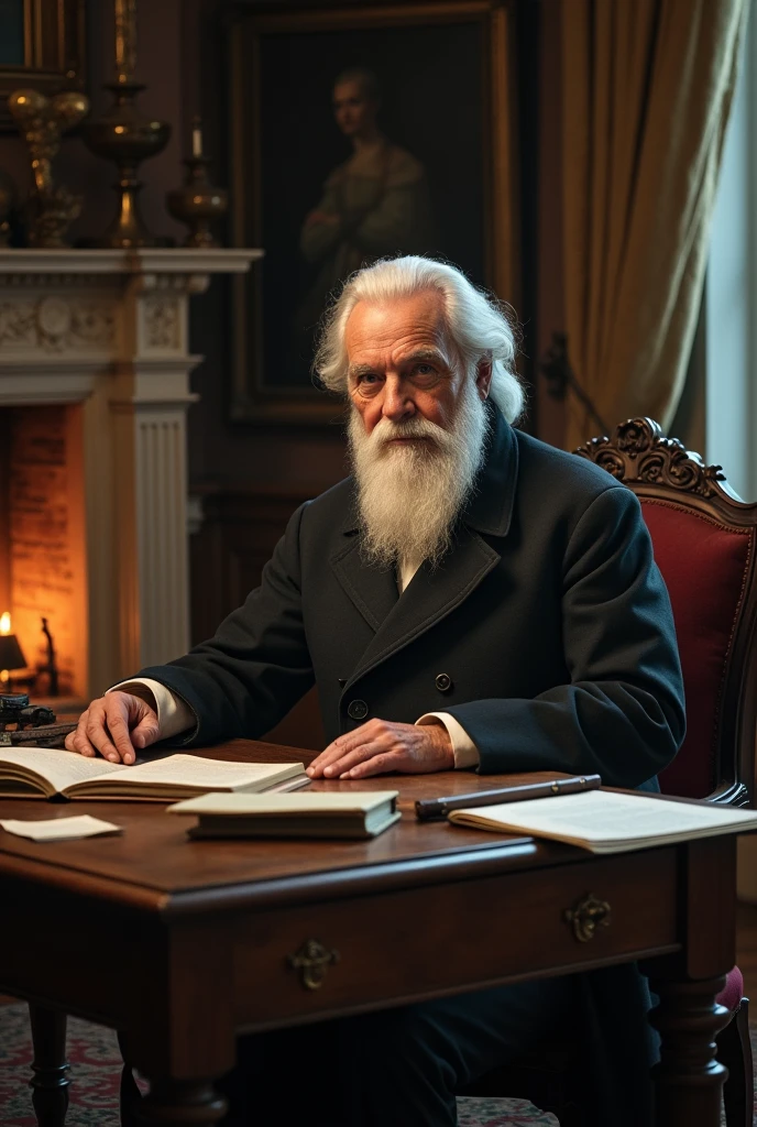 The same gentleman but another day, further away, an old professor with white hair, 7, with a reassuring beard - year 1800 in front of an open fire , . assis à son bureaux vieux salon Ancien Homme de 75 ans sage . serious . érudit de science plan large