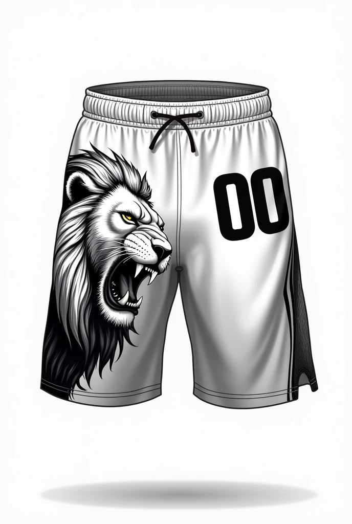 Here's the prompt for the AI to generate both a front and a simple back design for the basketball shorts:
Shorts Design:
Color: Predominantly white (at least 60% of the surface).
Front:
Right Side:
Number "00": Place a bold "00" number on the right side of the shorts. The number should be in a sporty, eye-catching font that stands out against the white background.
Left Side:
Lion Design: Create a detailed lion head facing towards the "00" on the left side. The lion should be fully sideways, roaring, and in pure black. The design should be powerful and dynamic, with intricate details in the mane, face, and expression.
Space for Logo:
Leave a clear space near the waistband or above the lion for a logo. This area should be free of other design elements to ensure the logo can be easily added.
Back:
Simple Design:
Minimal Details: Keep the back design simple and clean, with subtle elements that don't overpower the front design. This could include a small, discreet logo or emblem near the bottom of one leg, or a thin vertical line running down the center of each leg to add a touch of style without overwhelming the overall look.
Overall Layout:
The back design should complement the front without drawing too much attention, maintaining the focus on the bold elements on the front of the shorts.