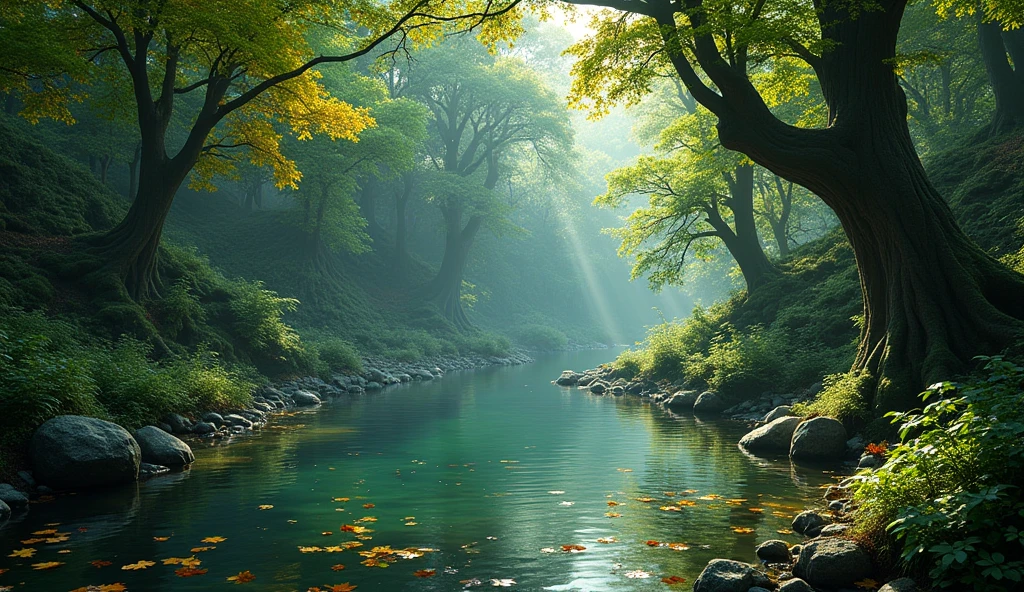 inside thick dark forest pond rocks green leaves, yellow leaves, dry leaves