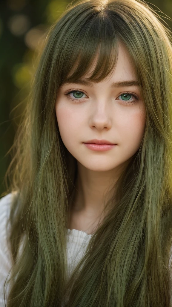 a girl. European. Extremely detailed face. Oval face. Delicate facial features. Half-closed eyes. gentle. Long straight hair. Messy hair. Bangs. Green hair. Green eyes. Pensive. Melancholic. Ethereal. Innocent. smile