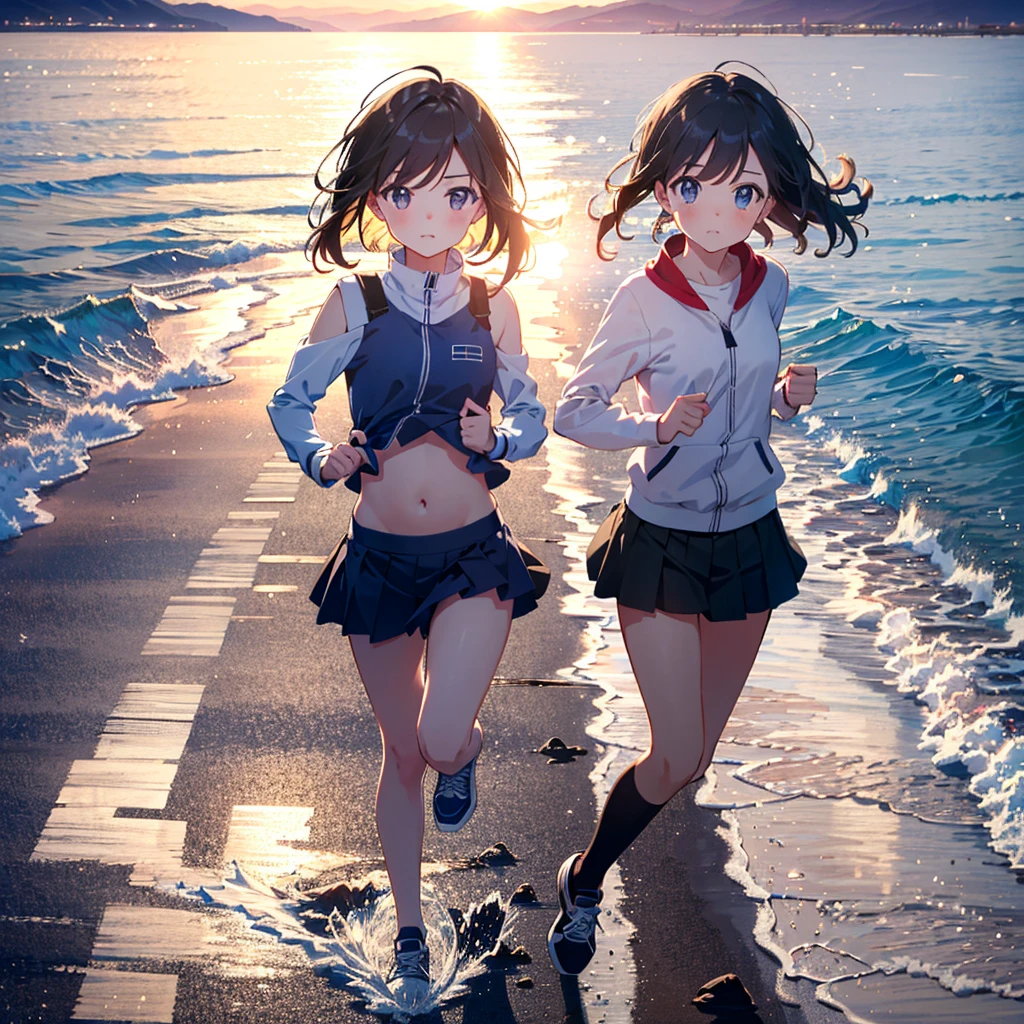 {{{Masterpiece, highest quality, high resolution background}}}, bright and beautiful atmosphere, one girl (, round face, baby face), small breasts, girls running with all their might, road by the sea, Beautiful sunlight, miniskirt, white underwear, "deltamon_sdXL :0.73)>Deltamon
