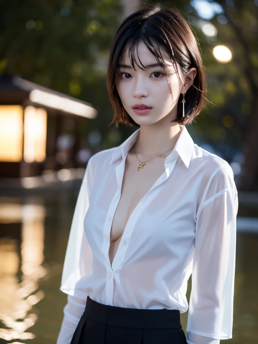 masterpiece:1.2, Very detailed, Ultra-high resolution, Realistic, photo Realistic:1.6, High-resolution RAW color photos, Professional photos, Sharp focus:1.2, Very detailed顔と肌の質感, Very beautiful eyes, Glossのある肌, Glowing Skin, Glowing Skin, Shining Face, Gloss, Oily skin, greasy face, Oily skin, greasy face,, real Glossのある肌 texture, Perfect Anatomy, Very detailed背景,(Luxury resort at night),1 female,25-year-old woman, Japanese women,height: 168cm,short hair, Straight hair, bangs, Brown Hair,((Flat Chest:1.6)), (See-through white short-sleeved shirt),(濡れてVery transparentシャツ:1.5),(Open shirt:1.5),Luxury earrings、Luxury Necklace、Very transparent