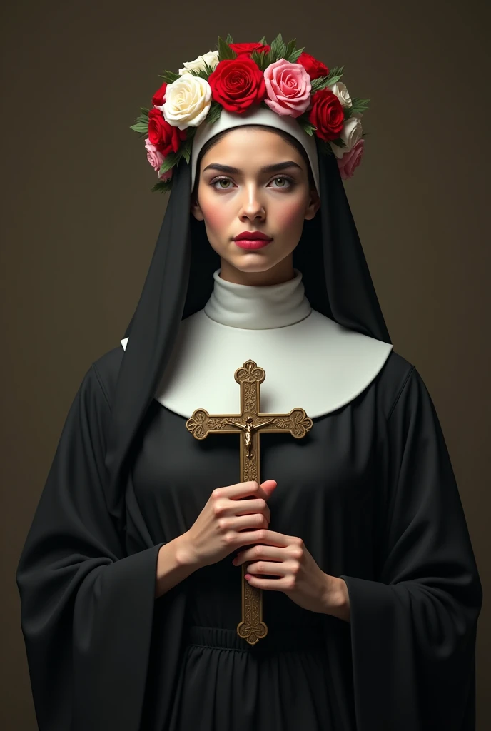a woman dressed in nun&#39;s clothes, black and white outfit, on the head a crown of roses, holding a crucifix, serene and compassionate look, ultra realistic image, the color of roses are red white and pink
