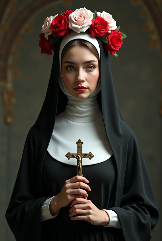 a woman dressed in nun&#39;s clothes, black and white outfit, on the head a crown of roses, holding a crucifix, serene and compassionate look, ultra realistic image, the color of roses are red white and pink

