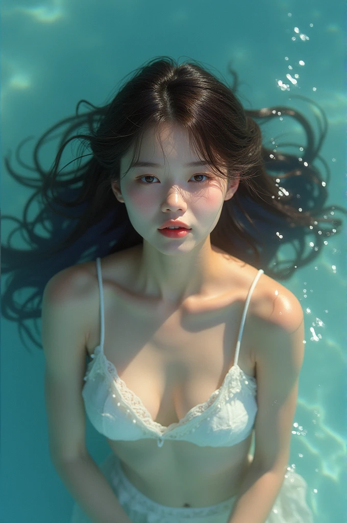 High resolution of a brown-haired Japanese woman swimming in the ocean with a shy smile inviting you to swim with her, masterpiece, Anatomically correct, Highest quality, High detail, Textured skin, Ultra-detailed, Cinematography,
