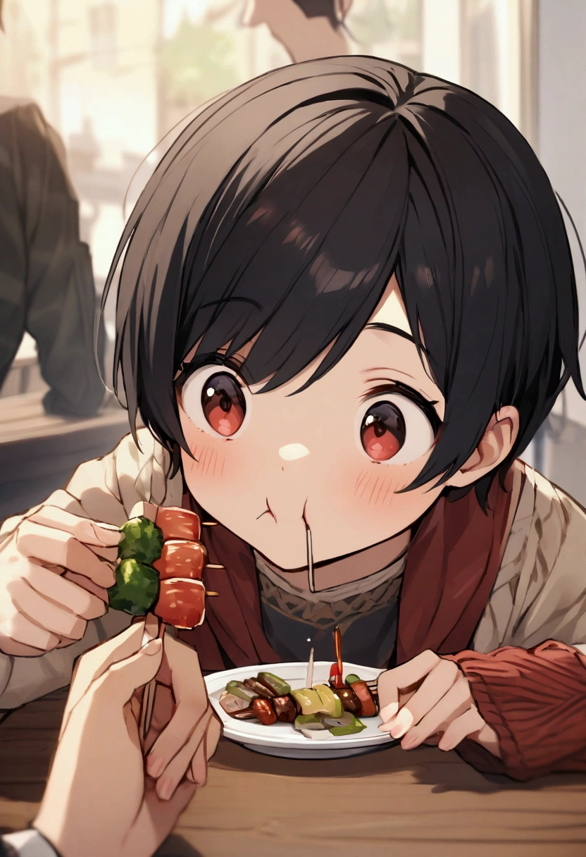 boy 25 year old with black hair medium lenght and girl 25 year old with dark red short hair eating a kebab at the table