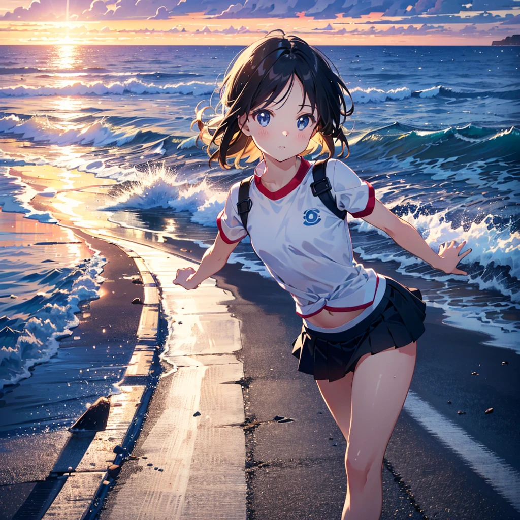 {{{Masterpiece, highest quality, high resolution background}}}, bright and beautiful atmosphere, one girl (, round face, baby face), small breasts, girls running with all their might, road by the sea, Beautiful sunlight, miniskirt, white underwear, "deltamon_sdXL :0.73)>Deltamon