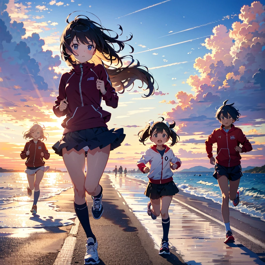 {{{Masterpiece, highest quality, high resolution background}}}, bright and beautiful atmosphere, one girl (, round face, baby face), small breasts, girls running with all their might, road by the sea, Beautiful sunlight, miniskirt, white underwear, "deltamon_sdXL :0.73)>Deltamon