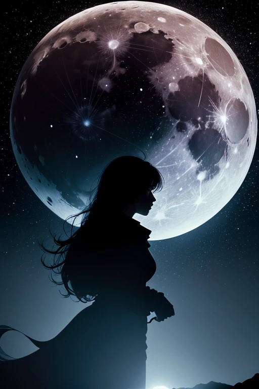 Highest quality,Big moon and shadow,A silhouette of a person can be seen against the backdrop of a large moon.,There is one full moon,There is a mood,Beautiful scenery,Starry Sky
