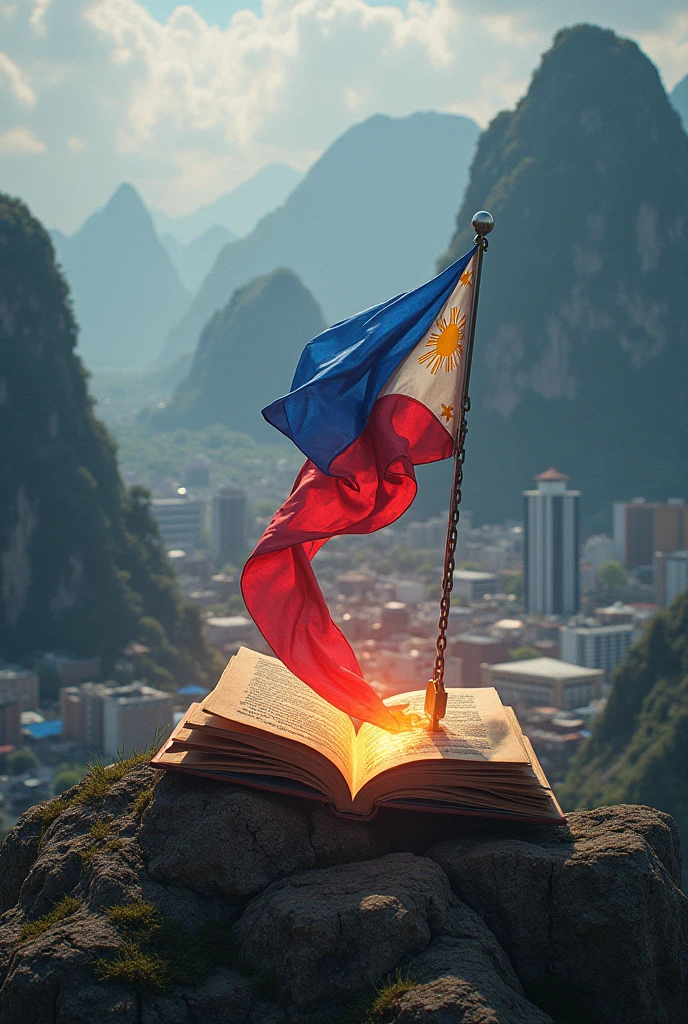 theres a book with broken chain that locks the book then it is open slight then the Philippine glag go out the book then theres a mountain, building then the flag turn around in the all province like building and mountain