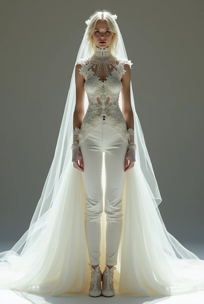 Slim androgynous young man, with blonde hair, white rococo wedding dress. She wears a unique outfit that combines a dress with very tight white dress pants.. The pants are complemented by a layered dress train that starts at the waist., with lace and tulle. the top, an imperial collar with full lace at the waist, sleeveless, without transparencies, decorated with delicate ruffles and sewn crystals that add a touch of luxury. The ensemble is completed with a bridal veil in layers of more than five meters., elbow length lace gloves