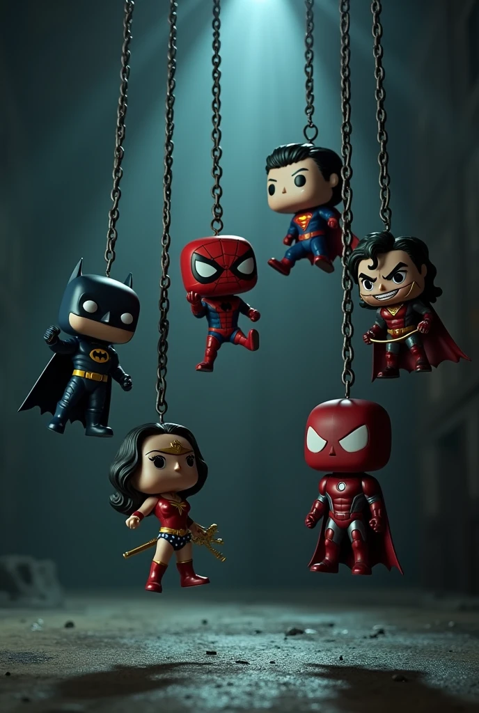 in a dark and desolate environment, Seven iconic comic book characters, turned into Funko dolls, They hang from thick chains that hang from above. Each chain holds a character: Batman with his flowing cape, Superman in his classic suit, Spider-Man in an acrobatic pose, Wonder Woman with her golden lasso, Iron Man in his glowing armor, The Joker with his sinister smile, and Deadpool with his irreverent attitude. The chains, illuminated by a faint glow, add an atmosphere of tension and mystery, while the dolls seem to come to life in the darkness, creating a disturbing and surreal scene
