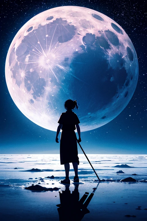 Highest quality,Big moon and shadow,A silhouette of a person can be seen against the backdrop of a large moon.,There is one full moon,There is a mood,Beautiful scenery,Starry Sky