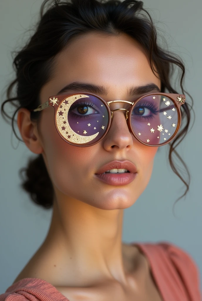 The model is wearing glass sunglasses with stars and the moon on the glass