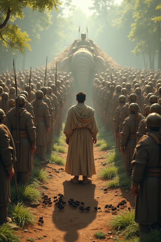 Imagine that—a prophet with a massive army taking care not to harm even a single ant!"**  
   *Visual Prompt:* A wide shot of Prophet Suleiman’s vast army stopping at the edge of a tiny anthill. The scene contrasts the enormity of the army with the smallness of the ants, emphasizing the care taken to avoid harm. The soldiers and animals are standing still, respectful and aware.
